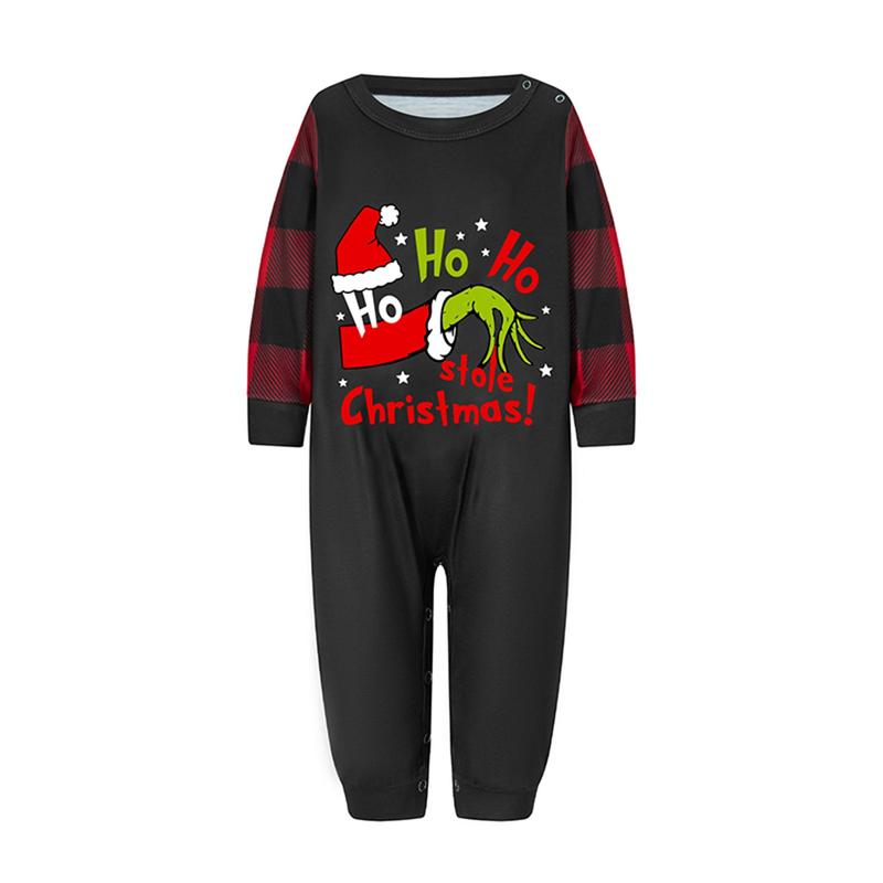 Family Matching Christmas Pajamas, Baby Romper Dog Clothes Letter Green Monster Hand Print Tops and Plaid Pants Sleepwear Set