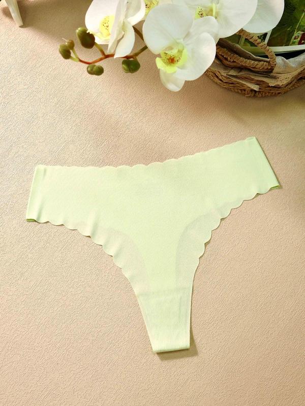 Women's Solid Color Scallop Trim Thong, Soft Comfy Breathable Seamless Panty for Daily Wear, Women's Underwear for All Seasons