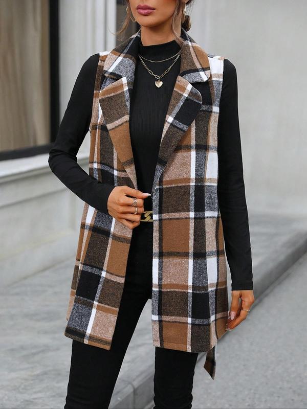 Women's Plaid Print Belted Lapel Neck Vest Jacket, Casual Sleeveless Outerwear for Fall & Winter, Ladies Clothes for Daily Wear