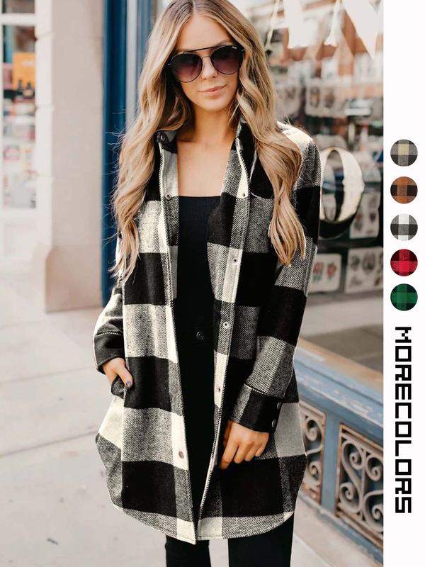 Women's Plaid Print Button Front Overcoat, Casual Long Sleeve Pocket Woolen Coat for Fall & Winter, Ladies Clothes for Daily Wear