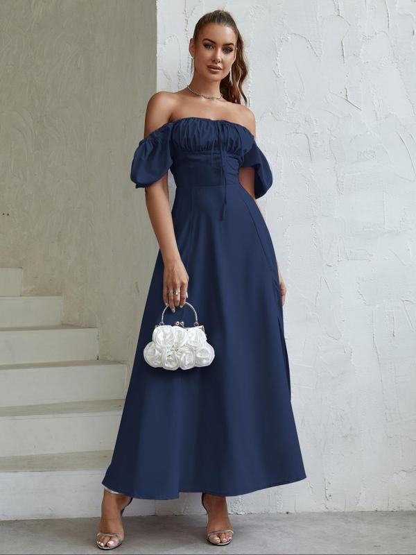 Women's Off The Shoulder Ruched Split Thigh Tie Front A Line Vintage Dress, Elegant Puff Sleeve Multiway Dress for Party Holiday Wedding Guest, Ladies Summer Clothes, Fall Wedding Guest Dress Christmas