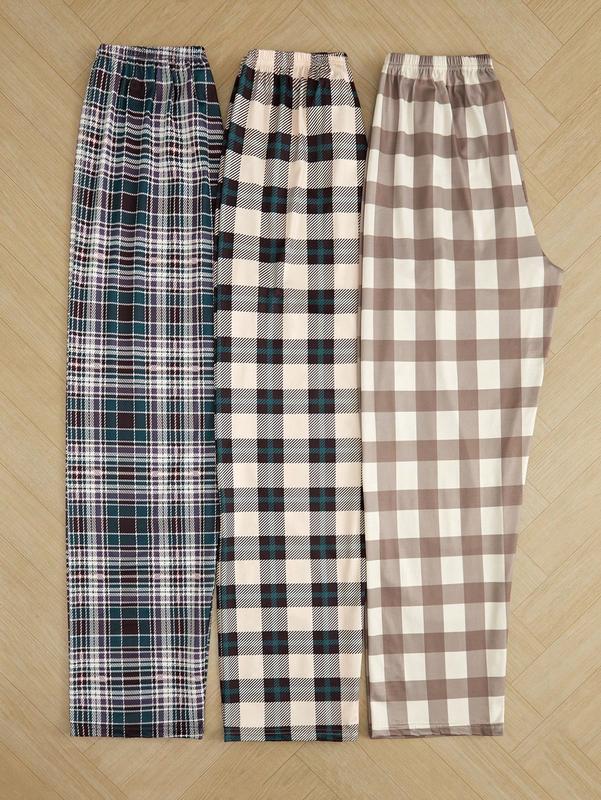 3 Pcs Plaid Print Drawstring Waist Pajama Pants Sleepwear