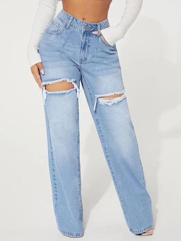 Women's Denim-Effect Print Ripped Wide Leg Pants, Casual Pocket Button Fly Trousers for Daily Wear, Ladies Bottoms for All Seasons