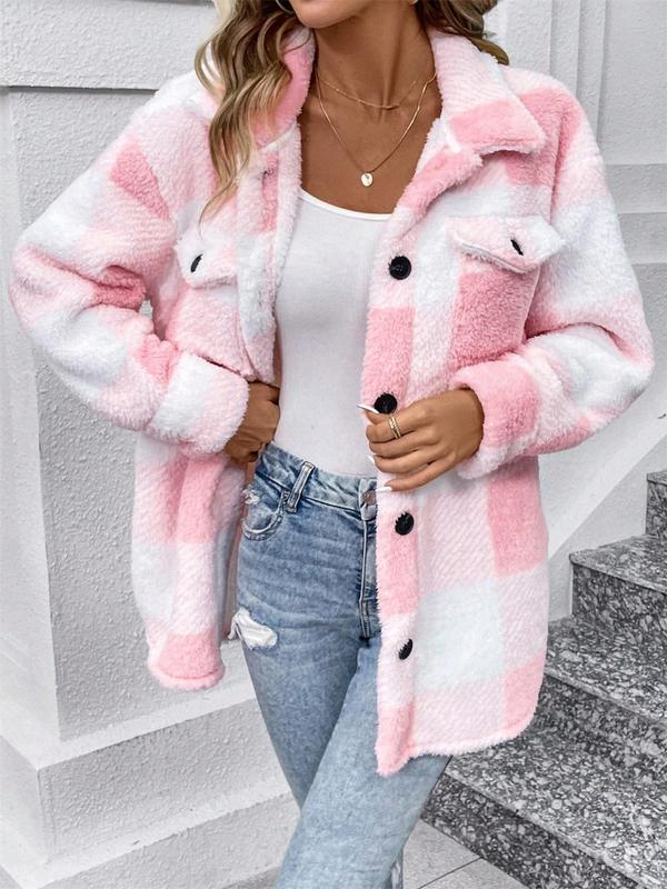  Plaid Print Button Front Fuzzy Jacket, Casual Long Sleeve Collared Outerwear for Fall & Winter, Women's Clothes for Daily Wear