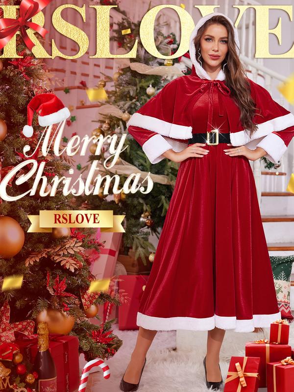 RSLOVE Christmas Dresses for Women - Mrs Claus Santa Costume with Removable Hooded Cape and Belt Holiday Party Outfit Womenswear Accessories