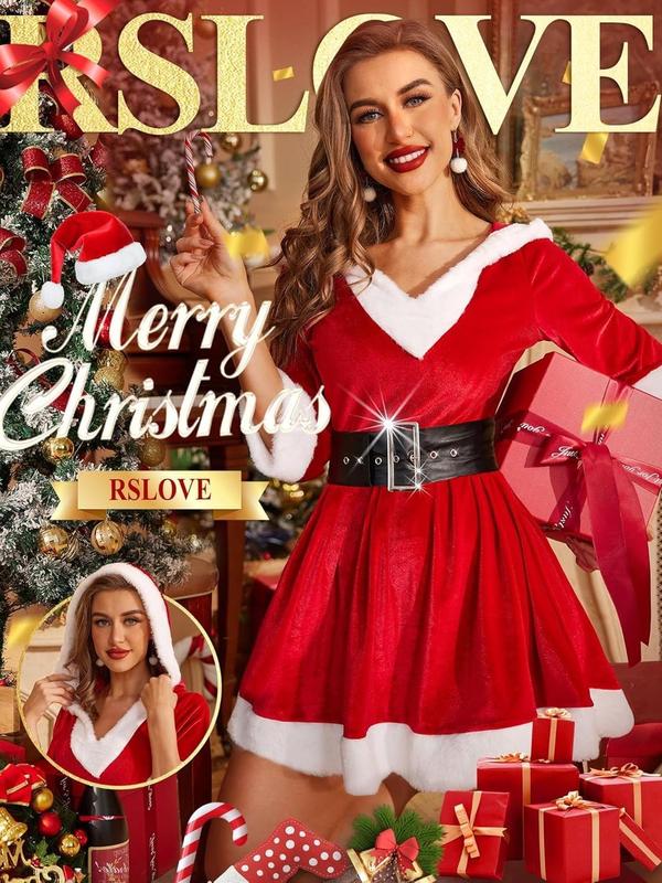 RSLOVE Christmas Lingerie for Women Sexy Santa Outfit 2Pcs Velvet Costume Babydoll Chemise Holiday Dress with Belt Comfort Womenswear