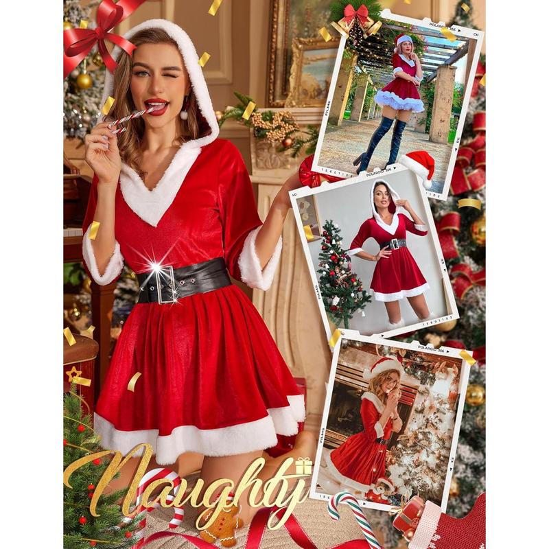 RSLOVE Christmas Lingerie for Women Sexy Santa Outfit 2Pcs Velvet Costume Babydoll Chemise Holiday Dress with Belt Comfort Womenswear