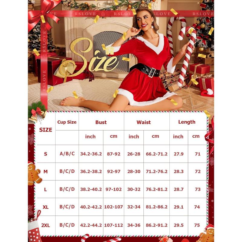 RSLOVE Christmas Lingerie for Women Sexy Santa Outfit 2Pcs Velvet Costume Babydoll Chemise Holiday Dress with Belt Comfort Womenswear