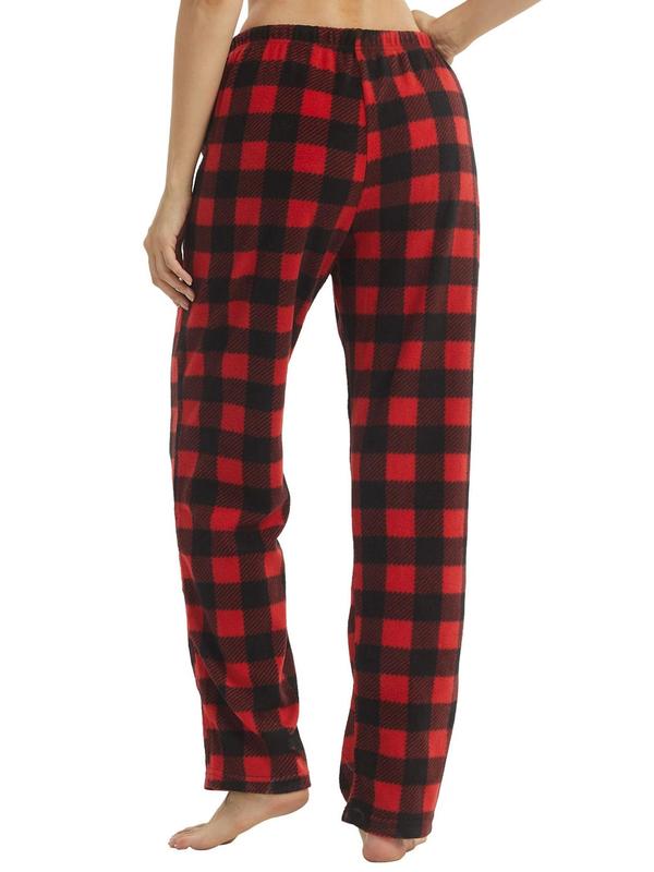 Women's Plaid Print Drawstring Waist Sleep Pants, Casual Polar Fleece Straight Leg Pajama Trousers, Women's Sleepwear & Loungewear for Fall & Winter