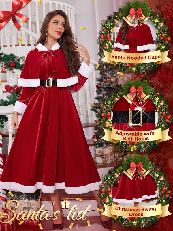 RSLOVE Christmas Dresses for Women - Mrs Claus Santa Costume with Removable Hooded Cape and Belt Holiday Party Outfit Womenswear Accessories