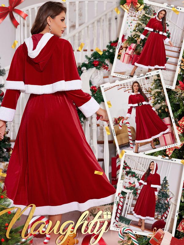 RSLOVE Christmas Dresses for Women - Mrs Claus Santa Costume with Removable Hooded Cape and Belt Holiday Party Outfit Womenswear Accessories