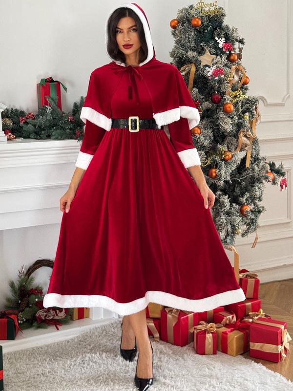 RSLOVE Christmas Dresses for Women - Mrs Claus Santa Costume with Removable Hooded Cape and Belt Holiday Party Outfit Womenswear Accessories