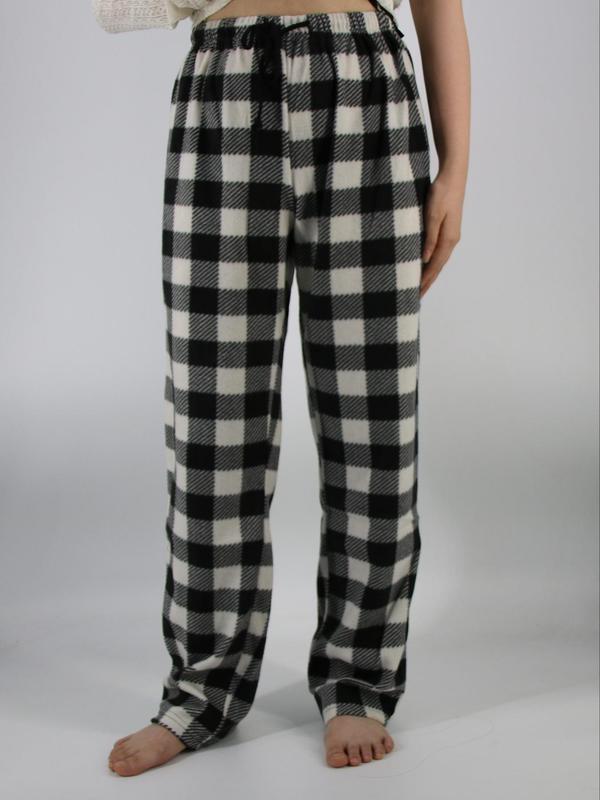 Women's Plaid Print Drawstring Waist Sleep Pants, Casual Polar Fleece Straight Leg Pajama Trousers, Women's Sleepwear & Loungewear for Fall & Winter