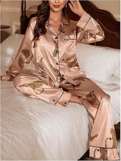 Silk Satin Leopard Print Sleepwear Long Sleeve Button Down Shirt and Pants Pajama Set Loungewear