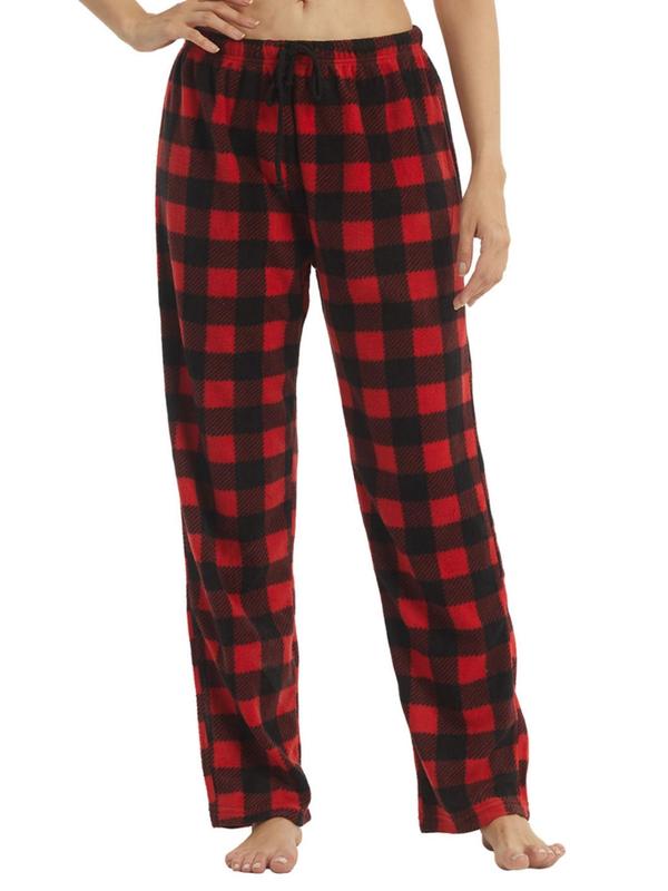 Women's Plaid Print Drawstring Waist Sleep Pants, Casual Polar Fleece Straight Leg Pajama Trousers, Women's Sleepwear & Loungewear for Fall & Winter