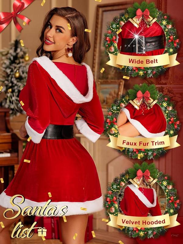 RSLOVE Christmas Lingerie for Women Sexy Santa Outfit 2Pcs Velvet Costume Babydoll Chemise Holiday Dress with Belt Comfort Womenswear