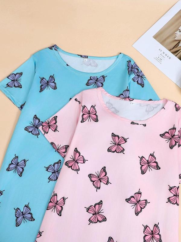 Women's Butterfly Print Round Neck Nightdress, Casual Comfy Short Sleeve Nightgown, Ladies Sleepwear for All Seasons