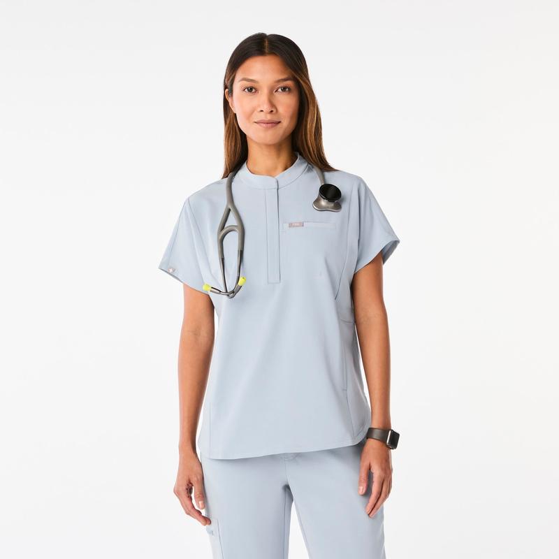 women's Dusty Blue Montex - Mock Neck Scrub Top