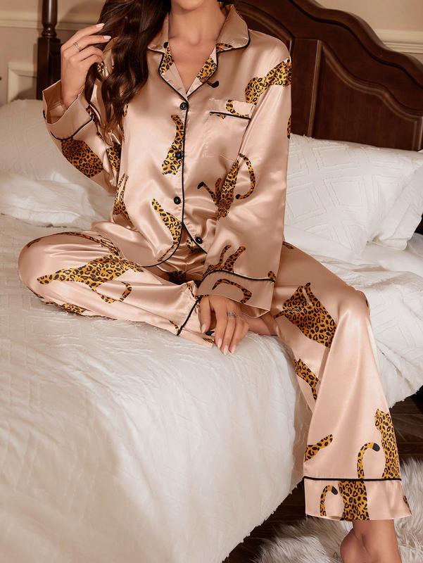 Silk Satin Leopard Print Sleepwear Long Sleeve Button Down Shirt and Pants Pajama Set Loungewear