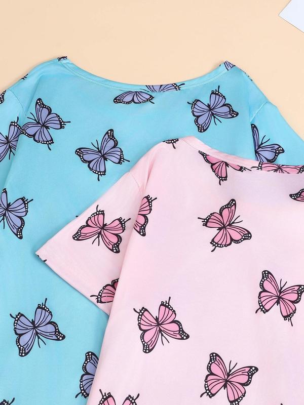 Women's Butterfly Print Round Neck Nightdress, Casual Comfy Short Sleeve Nightgown, Ladies Sleepwear for All Seasons