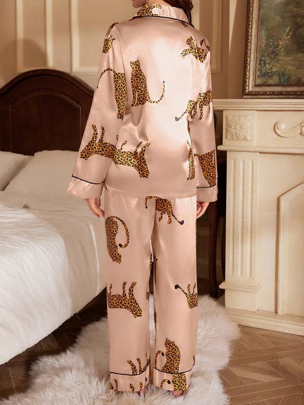 Silk Satin Leopard Print Sleepwear Long Sleeve Button Down Shirt and Pants Pajama Set Loungewear