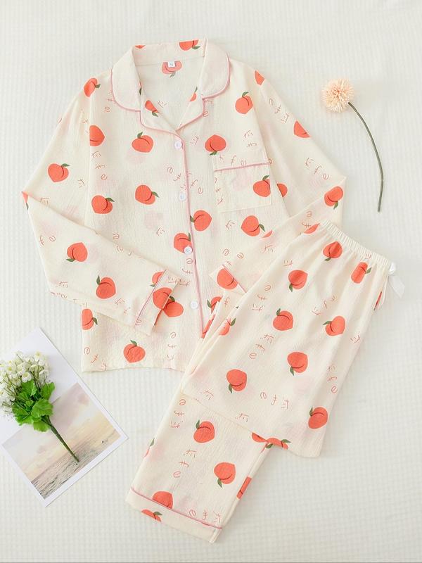 Two Counts Women's Cute Cherry Print Button Blouse & Elastic Waist Bow Front Contrast Binding Pants, Fall Wear, Fallfreshness Womenswear Pajama Set, Comfort Long Sleeve Lapel Pocket Top & Trousers PJ Set for Indoor Wear, Home Clothes, Fall Clothes