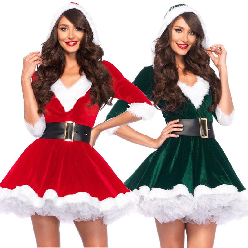 Fashion Women Half Sleeve Solid Popular Ladies Santa Claus Xmas Theme Costume Cosplay Outfit Waistbelt Fancy Christmas Dress