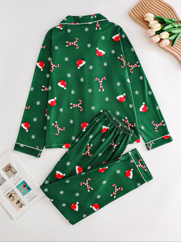 Two-Piece Set Women's Christmas Print Button Front Pocket Shirt & Elastic Waist Pants Pyjama, Casual Comfy Long Sleeve Collared Top & Trousers Pyjama Set, Women's Sleepwear for Spring & Fall