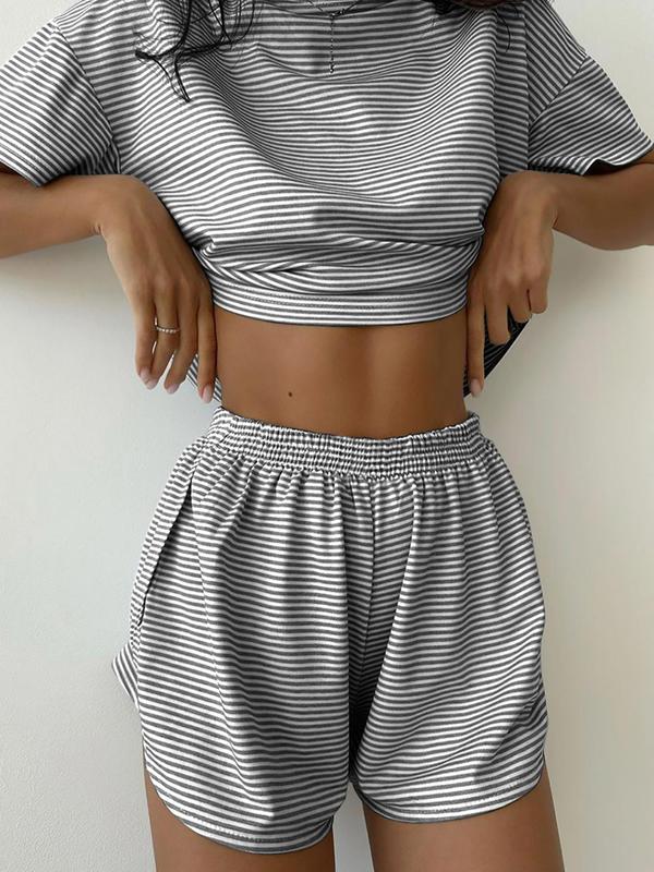 Two-Piece Set Women's Striped Print Drop Shoulder Tee & Wrap Split Shorts Pyjama Set, Comfy Short Sleeve T-shirt & Elastic Waist Shorts Pj Set, Back To School Wear Lounge Sets, Pajama Sets Women, Fall Clothes