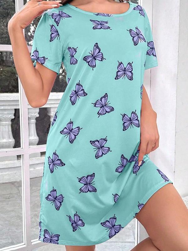 Women's Butterfly Print Round Neck Nightdress, Casual Comfy Short Sleeve Nightgown, Ladies Sleepwear for All Seasons