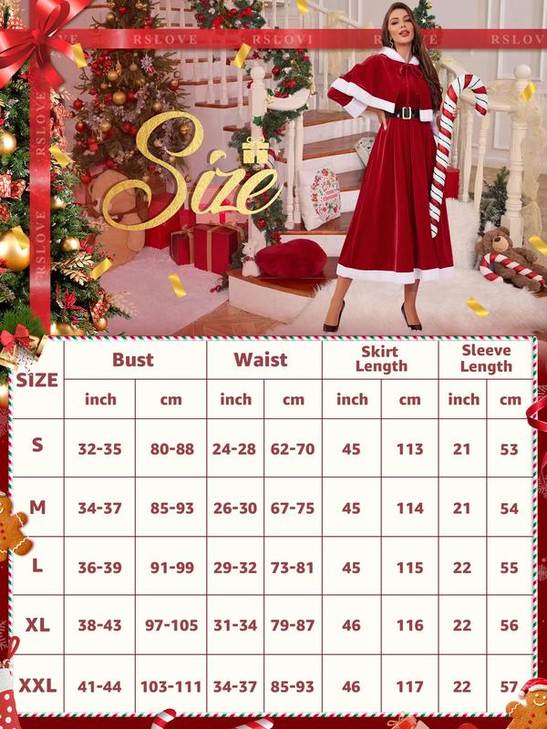 RSLOVE Christmas Dresses for Women - Mrs Claus Santa Costume with Removable Hooded Cape and Belt Holiday Party Outfit Womenswear Accessories