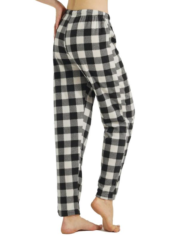 Women's Plaid Print Drawstring Waist Sleep Pants, Casual Polar Fleece Straight Leg Pajama Trousers, Women's Sleepwear & Loungewear for Fall & Winter