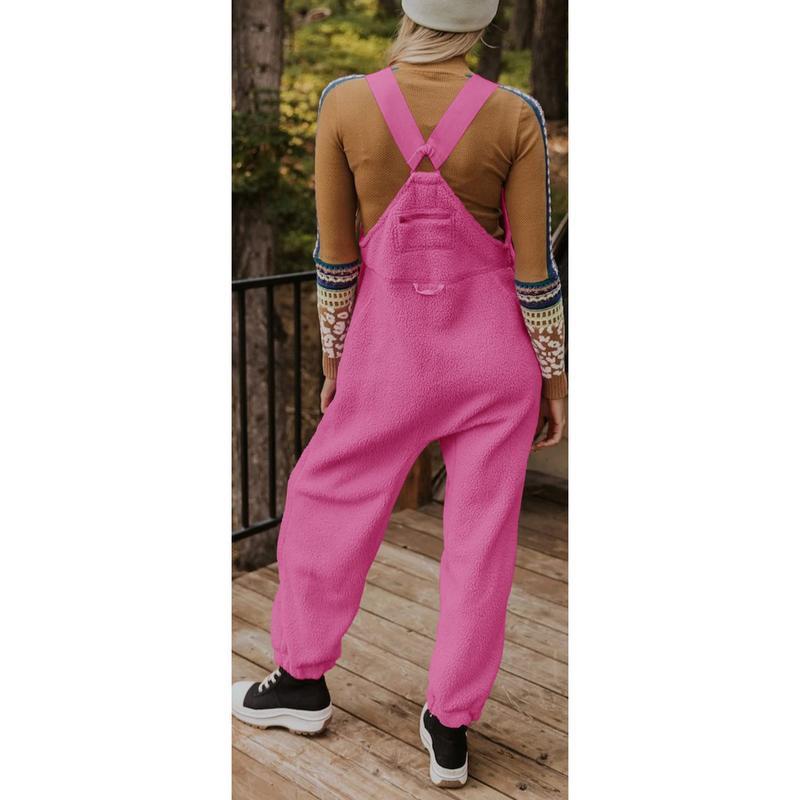 Women's Fleece Warm Overalls Winter Loose Casual Jumpsuits with Pockets Comfy Womenswear