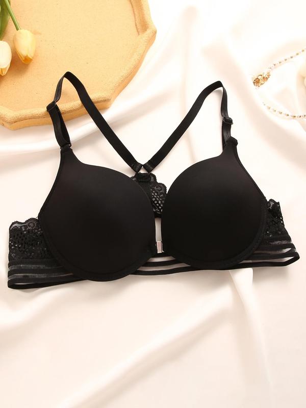 Women's 2pcs Plain Criss Cross Cut Out Contrast Lace Push Up Bra, Adjustable Strap Ring Linked Scallop Bralettes for Daily Wear, Women's Lingerie for All Seasons