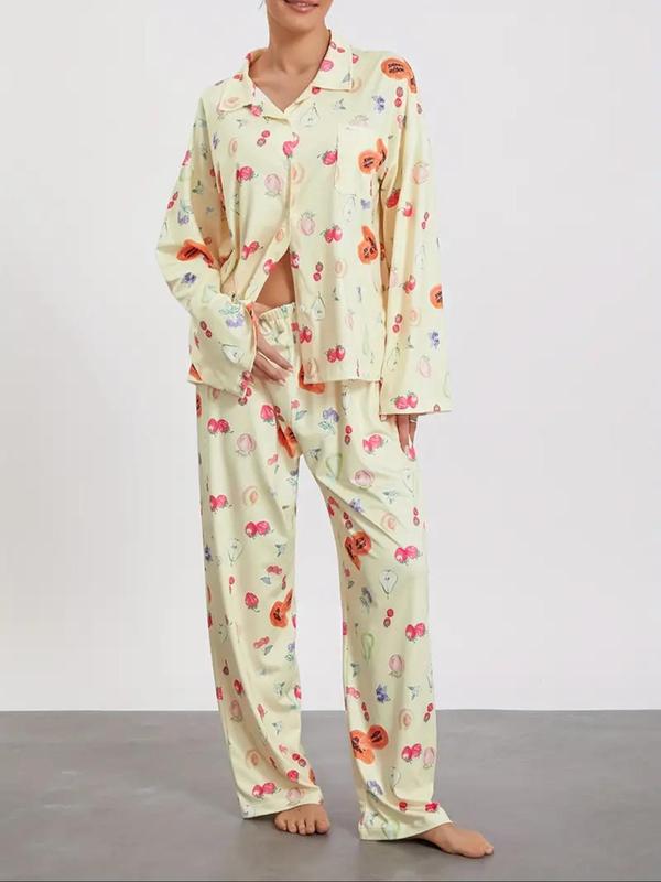 Women's All Over Print Button Front Pajama Two-piece Set, Casual Comfy Drop Shoulder Long Sleeve Top & Pants PJ Set, Ladies Sleepwear for All Seasons