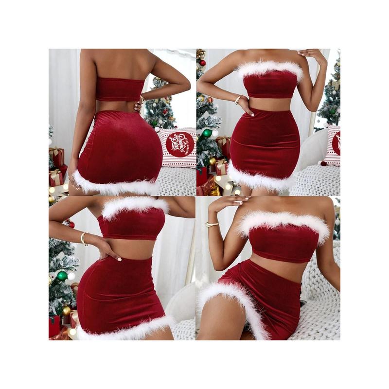 Women's Christmas Lingerie Uniform Velvet Santa Claus Fur Trim Crop Tube Tops + Bodycon Mini Skirt Xmas Cosplay Costume Set