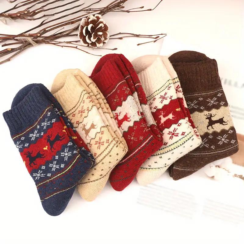 Christmas Reindeer Print Socks, 5 Pairs 10pcs Soft Comfortable Warm Socks, Women's Socks for Fall & Winter, Home Decor & Festive Supplies