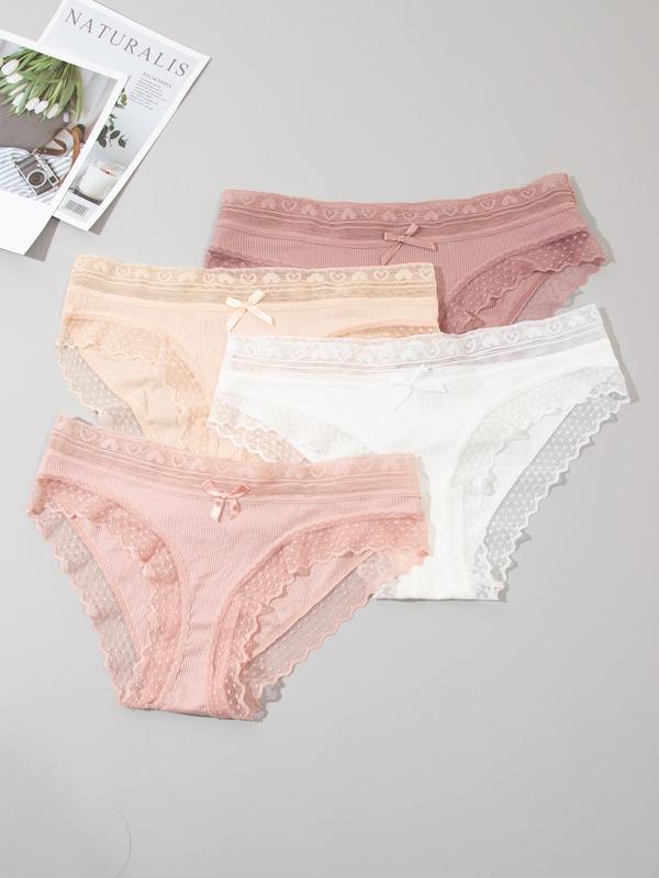 Women's Bow Decor Contrast Lace Knicker, Soft Comfy Breathable Scallop Panty for Daily Wear, Underwear for All Seasons