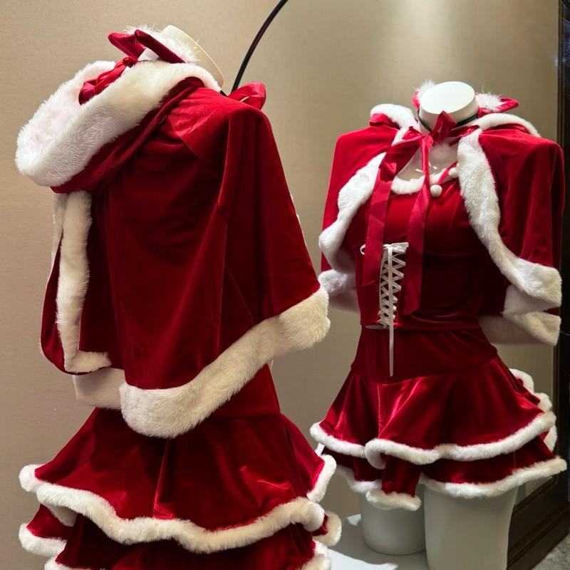 Christmas Kitty Santa Costume Set - Red Velvet Mini Dress with Cat Ear Headband and Hooded Cape - Womenswear Santa Bustier