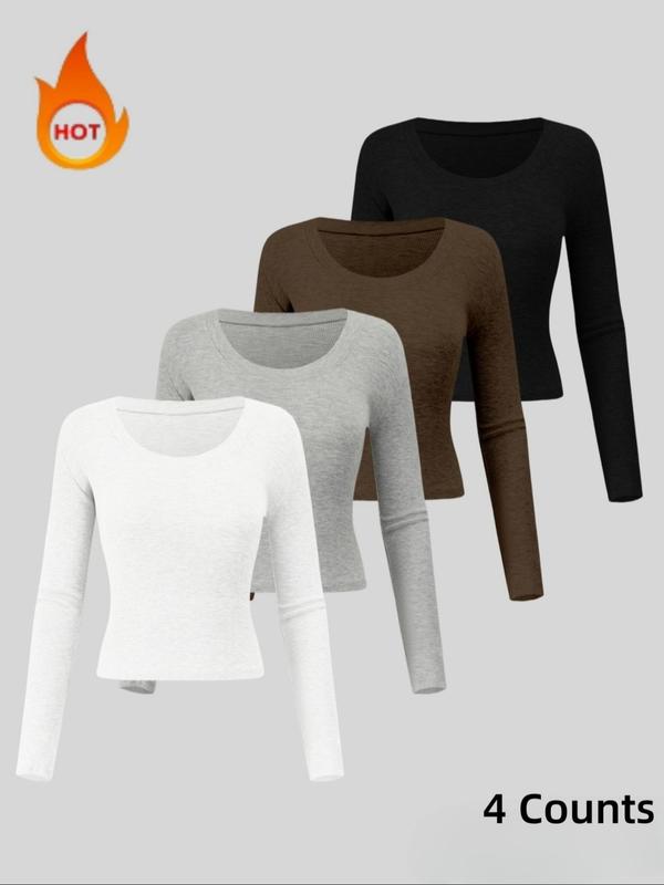 Women's Solid Long Sleeve Thermal Underwear Top, Casual Comfy Scoop Neck Top for Fall & Winter, Women's Underwear for Daily Wear