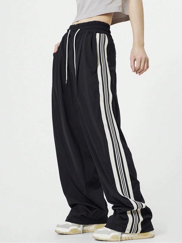 Unisex Side Stripe Drawstring Waist Wide Leg Pants, Women's Casual Comfy Straight Leg Trousers for Daily Wear, Baggy Pants for Women, Casual Summer Bottoms, Ladies Bottoms for All Seasons