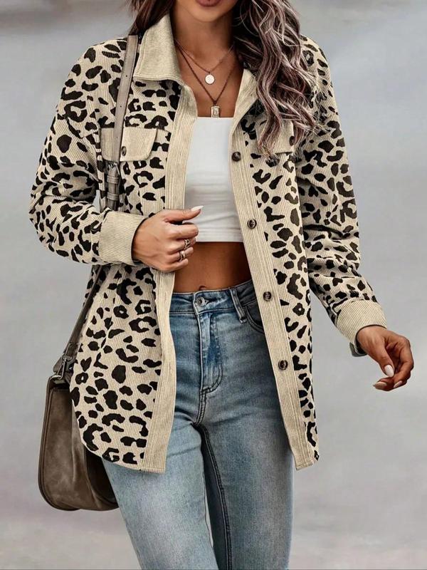 Women's Leopard Print Button Front Drop Shoulder Coat, Casual Long Sleeve Collared Outerwear for Spring & Fall, Ladies Clothes for Daily Wear