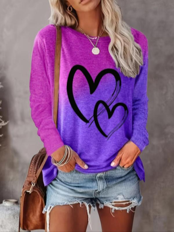  Ombre Heart Print Drop Shoulder Tee, Casual Long Sleeve Round Neck T-shirt for Fall & Winter, Women's Clothing for Daily Wear