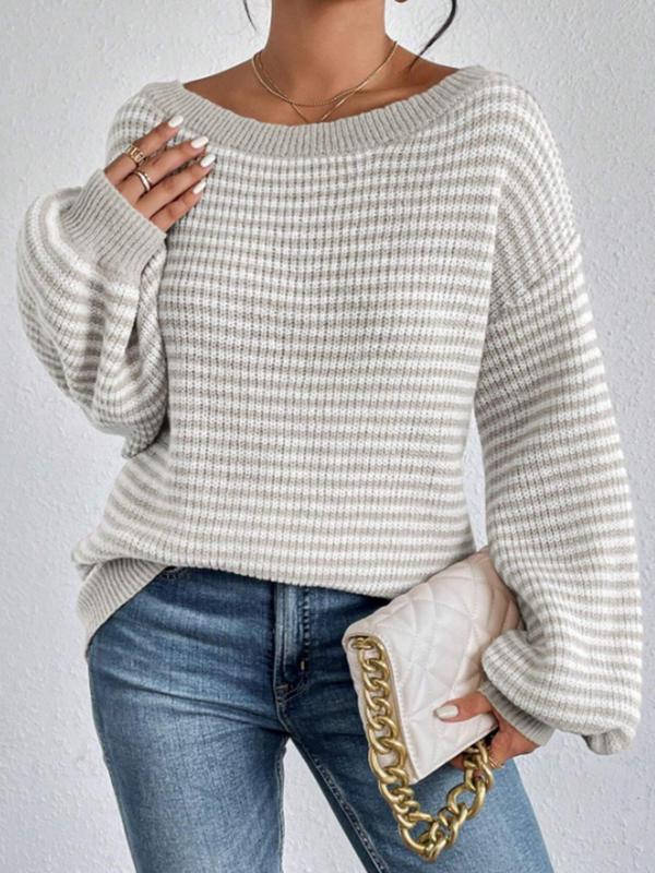 Women's Striped Print Drop Shoulder Boat Neck Sweater, Casual Long Sleeve Jumper for Spring & Fall, Fashion Women's Knitwear for Daily Wear