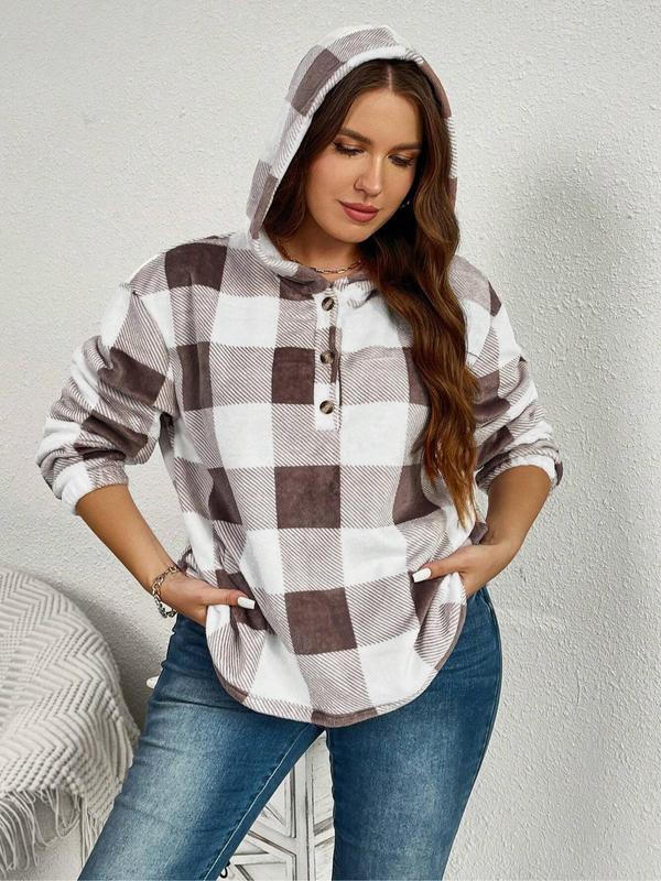 Women's Plaid Print Button Front Hoodie, Casual Long Sleeve Plus Hooded Sweatshirt for Fall & Winter, Women's Clothing for Daily Wear