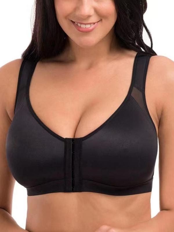 Women's Solid Open Front Wireless Bra, Hook and Eye Design  Lingerie Top, Soft Comfortable Breathable Underwear for Women