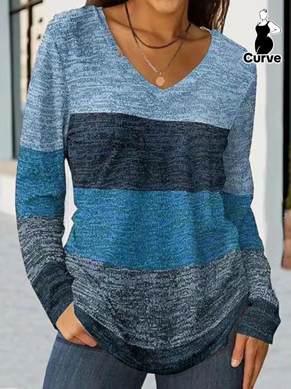 Plus Size Colorblock Striped Print V Neck Tee, Fall Outfits, Casual Long Sleeve T-shirt for Fall & Winter, T Shirts for Women, Women's Plus Clothing for Daily Wear, Black Girl Outfits, Fall Clothes