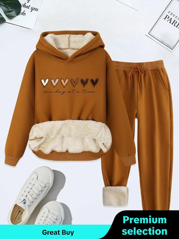 Women's Heart & Letter Print Hoodie & Drawstring Waist Pants Thermal Lined Two-piece Set, Casual Long Sleeve Hooded Sweatshirt & Pocket Trousers for Fall & Winter, Ladies Clothes for Daily Wear