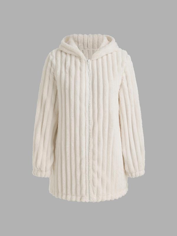 YOZY Women's Solid Color Zip Up Hooded Fuzzy Jacket, Casual Long Sleeve Fluffy Coat for Fall & Winter, Women's Clothing for Daily Wear