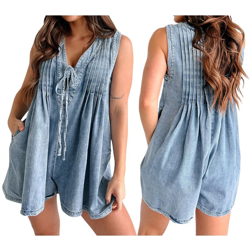 Womens Casual Sleeveless Tie Front Denim Romper Dress Overall Shorts Summer Jean Romper With Pocket